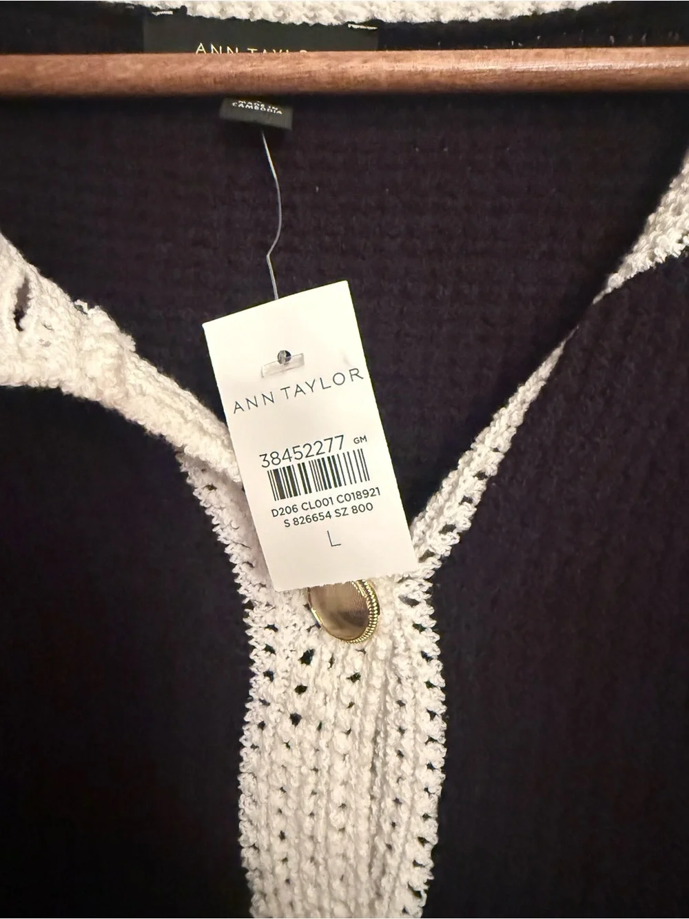 New Ann Taylor Black Cardigan with White Crochet Trim and Gold Button large $169 - Picture 2 of 6